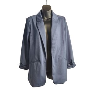 Nine West Blazer Jacket Women's Grayish Blue Open Front Ruched Cuff Sz S…